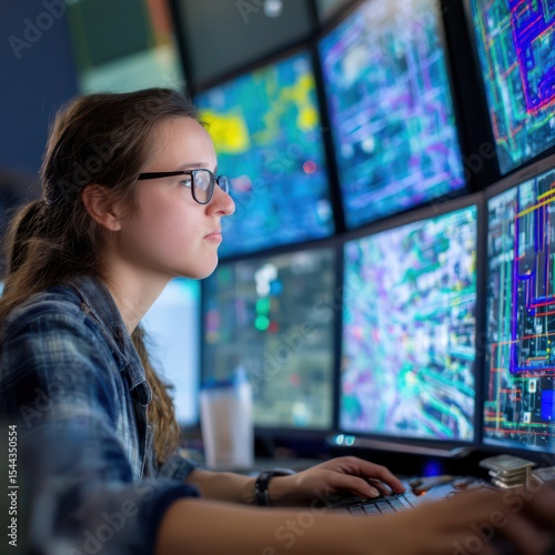 Woman analyzing operational data on a control room screen to ensure efficiency and control.