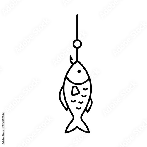 Line drawing of fish hanging on hook in minimalist style  