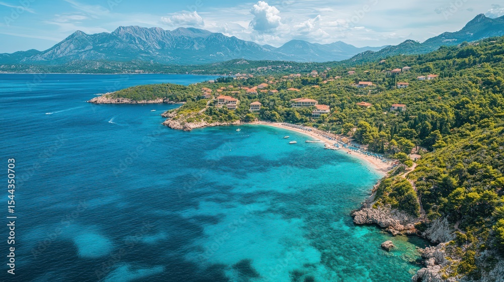 Fototapeta premium Coastline with Beach, Trees and Mountains