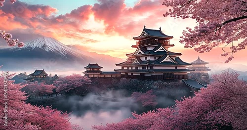 Serene Japanese Castle Surrounded by Cherry Blossoms