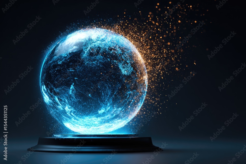 Fototapeta premium Illuminated globe of the world on a dark pedestal.