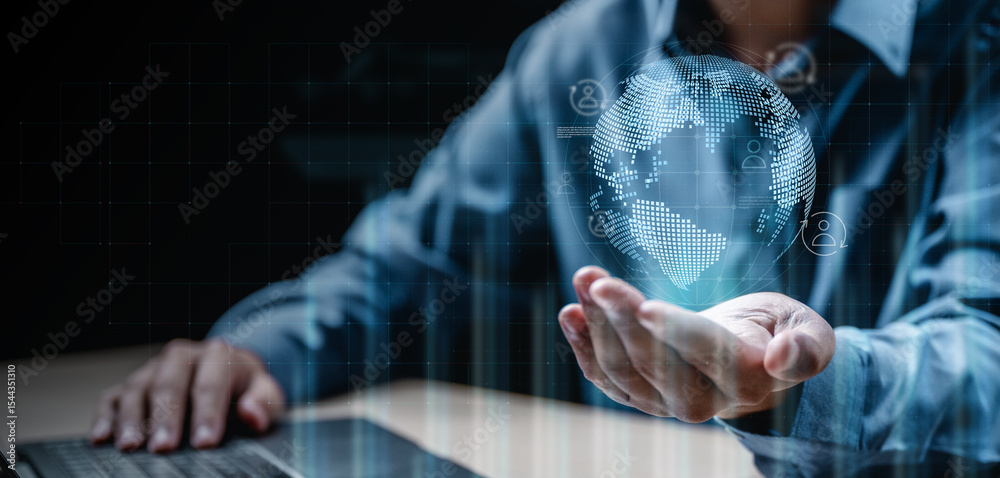 Fototapeta premium Crm, Customer relationship management system software. Global business concept. Sales and marketing analysis technology. Digital marketing data report dashboard.