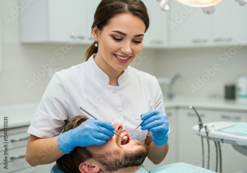 Dentist examining patient's teeth isolated on white background
