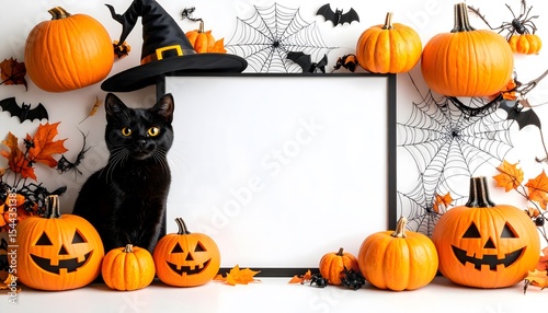 Playful Halloween cartoon border featuring witch hat, jack-o'-lanterns, black cat, and webs in each corner. Center space left clean for party invites, spooky messages, or seasonal announcements.

