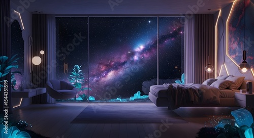 Celestial Dreamscape: Bedroom View of Galaxy, Modern Luxury and Tranquility, a Cosmic Getaway for Peaceful Sleep, Stunning Interior Design, Sci-Fi Escape