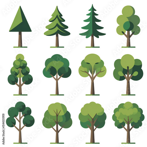 A vibrant collection of green trees and leaves, perfect for nature-inspired designs and illustrations