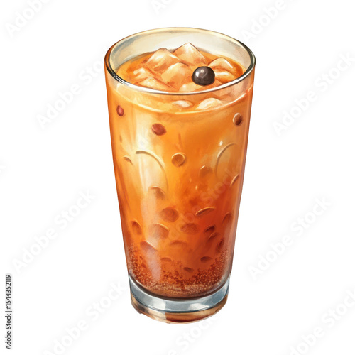 Delicious tasty Thai milk tea in slim thin shape glass isolated on a transparent