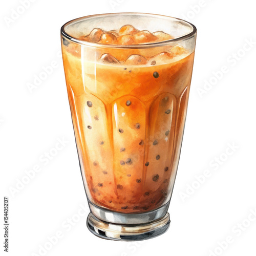 Delicious tasty Thai milk tea in slim thin shape glass isolated on a transparent
