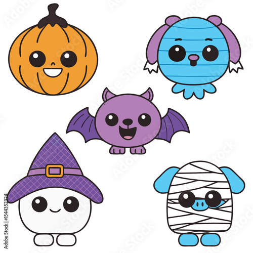 This image features a set of five kawaii Halloween characters: a pumpkin, a witch, a bat, a dog, and a mummy.