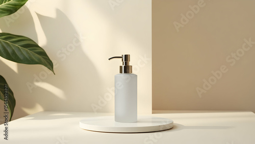 Clean Branding A glass pump displayed in a calm spa setting, styled in a natural minimal product branding scene with soft lighting and clean composition (1)