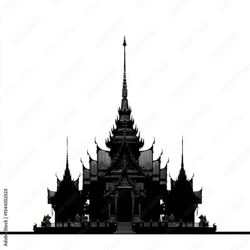 Fototapeta premium Black and White Silhouette of an Ornate Temple with Intricate Spires and Architectural Details Against a White Background