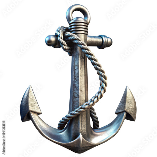 Heavy metallic anchor with rope isolated on transparent