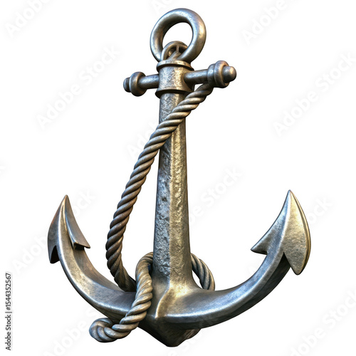 Heavy metallic anchor with rope isolated on transparent