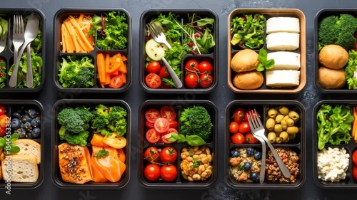 Meal prep containers with healthy balanced foods for diet control and nutrition