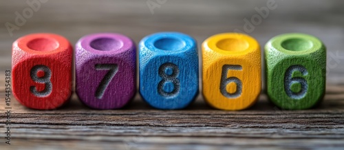 Colorful Wooden Number Blocks on Wood Surface