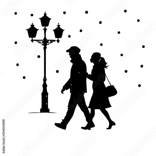 Silhouette of a romantic couple walking arm-in-arm on a snowy winter evening under a vintage street lamppost.