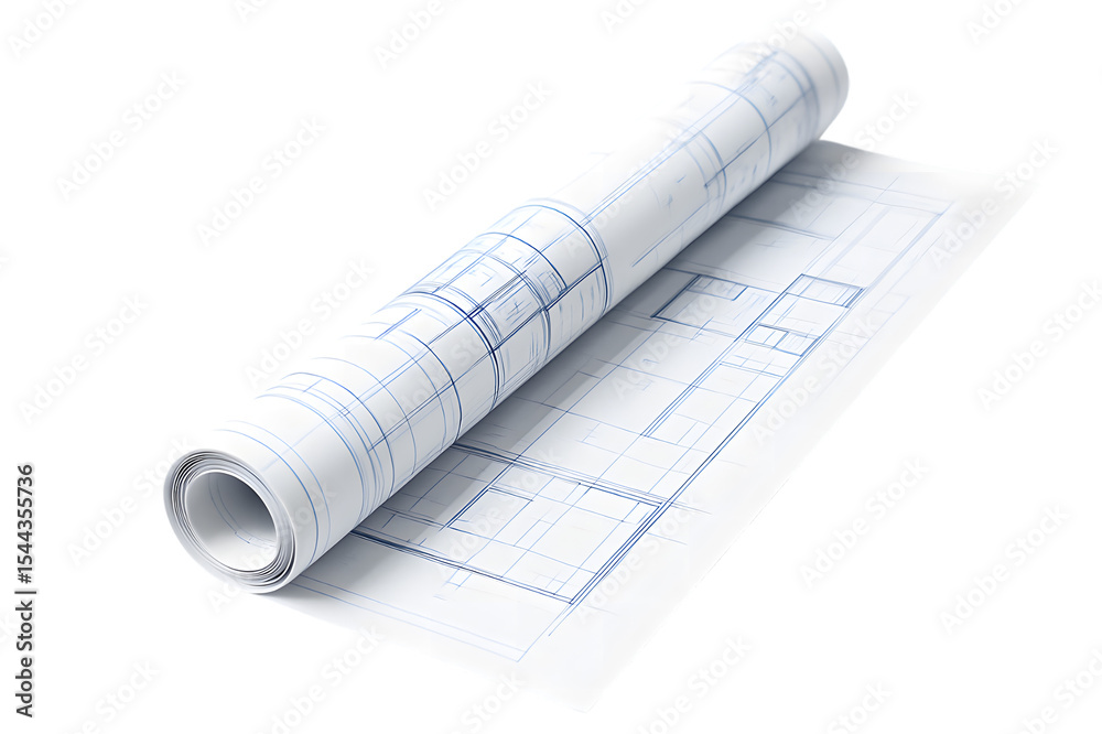 Rolled blueprints showing building plans and design details Rolled blueprints showing building plans and design details