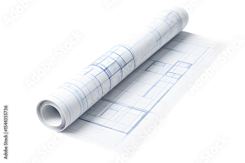 Rolled blueprints showing building plans and design details