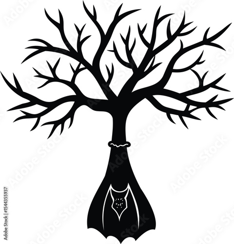 Silhouette of an Old Dead Tree with a Bat Hanging from the Trunk