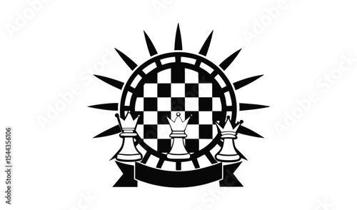 Chessboard emblem with queens and sunburst design