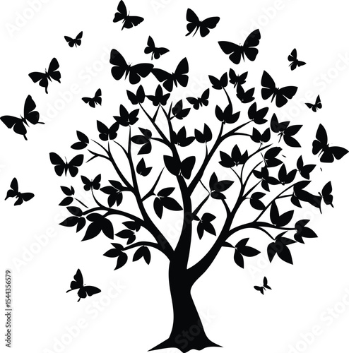 Silhouette of a Tree with Butterflies, a Vector Graphics Design Element