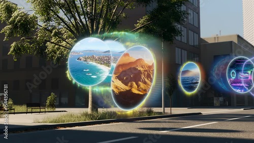 On a quiet street, shimmering portals reveal surreal worlds — a bold journey across dimensions begins. Generated by AI.
