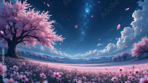 A fantastical landscape of the night sky, moon and cherry blossoms
