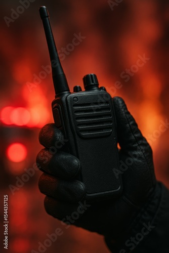 Gloved hand holding a black walkie-talkie with dramatic red lighting, symbolizing emergency, communication, and security.

