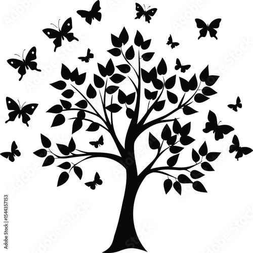 Black and White Silhouette Tree with Butterflies Fluttering Around It Artistically
