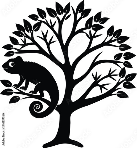 Monochrome image of a lizard resting on a stylized leafy tree