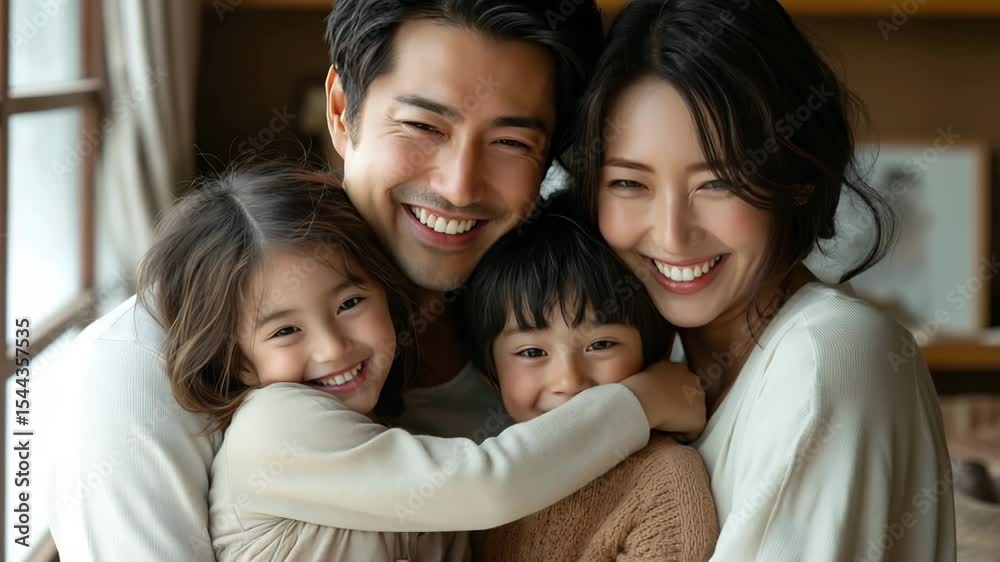 The parents pull the children in closer for a group hug They all laugh softly as they squeeze together The parents pull the children in closer for a group hug They all laugh softly as they squeeze together