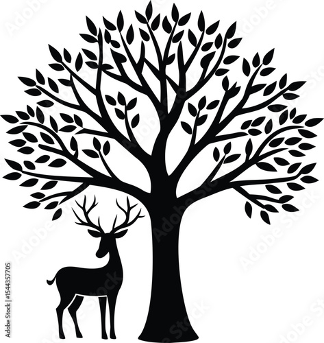 Black and White Silhouette Illustration of a Deer Under a Tree