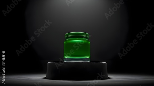 Classic black and white low-angle photograph of a green cosmetic jar mockup on a wooden stand. Dramatic lighting, elegant composition, timeless feel, viewed from below 