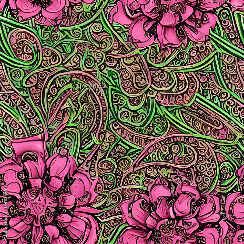 Vibrant Pink and Green Paisley Floral Pattern Seamless Texture for Textile, Fabric, and Design Projects