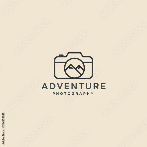 Stylized minimalist logo of a camera with mountain peaks inside, perfect for adventure photography branding. Clean, bold, and ideal for outdoor-themed businesses.