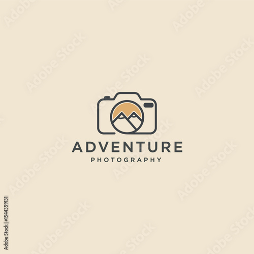 Stylized minimalist logo of a camera with mountain peaks inside, perfect for adventure photography branding. Clean, bold, and ideal for outdoor-themed businesses.