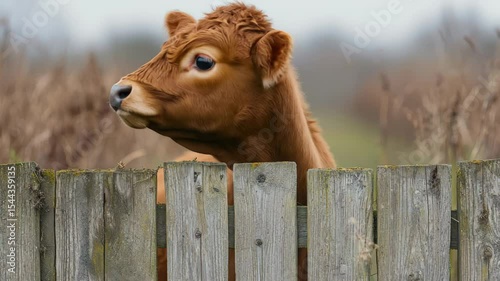 The curious calf pushes its nose against the top plank of the fence, making it wobble It then pulls its head back, its ears twitching as it reconsiders The dry grass in the back