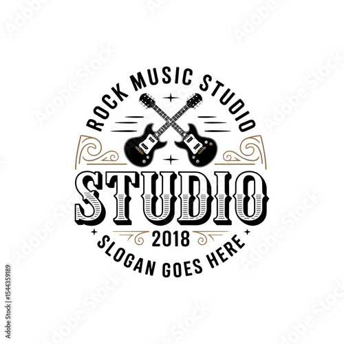 Vintage Rock Music Studio Logo with Electric Guitars on White Background
