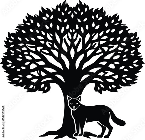 Stylized black silhouette of a cat under a large tree illustration