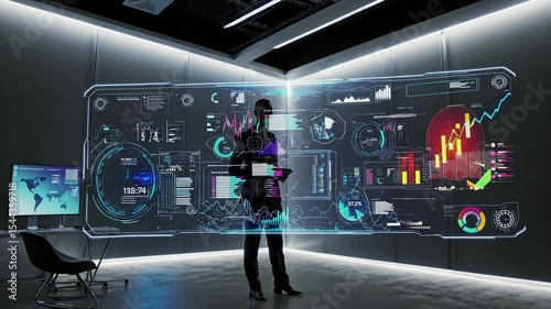 A professional explains data on a holographic panel with graphs and numbers. Focus on technology and clarity. AI generated.