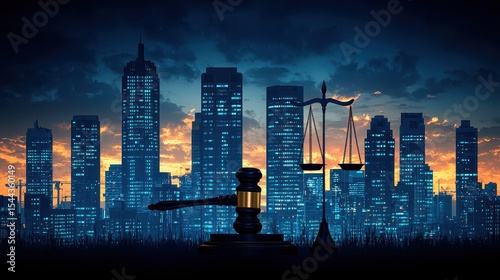 A bustling financial district, where a gavel falls, symbolizing justice, a stern judge sits on his elevated seat, a law scale poised to uphold the balance of the market 