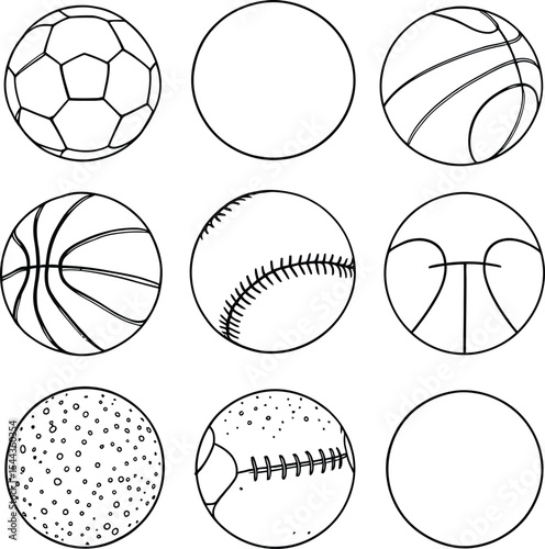 Black-and-White Vector Icons of Sports Balls – A 3x3 Grid Highlighting Diverse Equipment from Popular Games