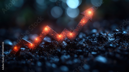 A dark blue backdrop pulsates with upward-trending arrows, forming a dynamic financial graph that symbolizes the growth of a successful business, powered by the generative capabilities of AI 
