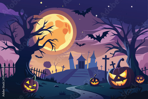 A vibrant, Halloween-themed illustration of a dark, moonlit night.