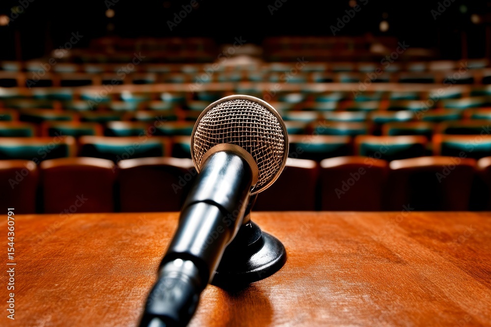 Obraz premium Metallic Microphone on Wooden Podium in Auditorium