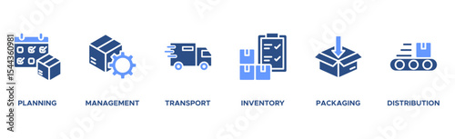 Logistics banner web icon vector illustration concept with icon of planning, management, transport, inventory, packaging, and distribution