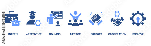 Trainee banner web icon vector illustration concept for internship training and learning program apprenticeship with an icon of intern, apprentice, training, mentor, support, cooperation, and improve