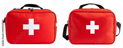  Bright Red First Aid Bag with White Cross Emblem, lying flat, isolated on white background PNG