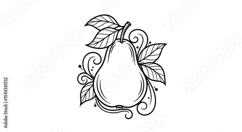Pear Illustration: A charming outline of a pear, with delicate leaves and intricate ornamental embellishments, creating a visual delight of natural grace and botanical artistry.