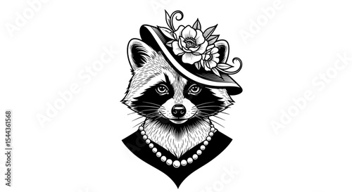 Elegant Raccoon in Vintage Attire: A refined raccoon dons a stylish vintage hat adorned with delicate floral elements, complete with a pearl necklace, exuding charm and sophistication.